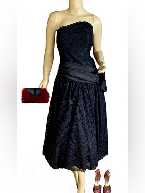 Vintage Dresses & Skirts - VINTAGE 1980'S BY CAROL BLACK LACE STRAPLESS MIDI PARTY DRESS W/SATIN BOW (6)